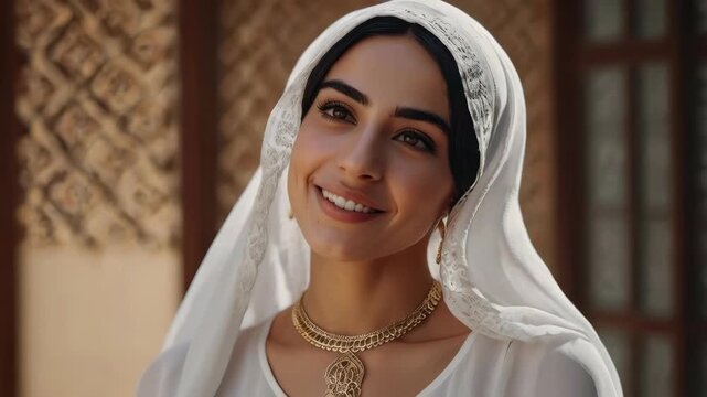 Smiling Woman in White Headscarf, Female Portrait with Necklace and Traditional Bridal Veil