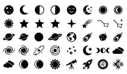36 Celestial Moon Star Planet Galaxy and Astronomy Solid Vector Icons © Mst