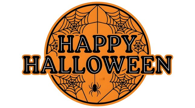 Vintage style happy halloween text on an orange circular background for spooky season