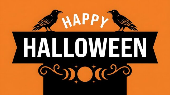Festive halloween greeting with ravens pumpkins and decorative elements on orange background