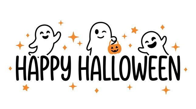 Happy halloween festive lettering with cute ghost illustrations and sparkling accents