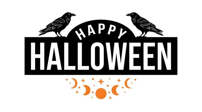 Happy halloween greeting card design with black crows and orange moon phases on a white background