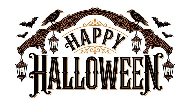 Vintage style happy halloween typography design with decorative ornaments ravens bats and antique lanterns on white background