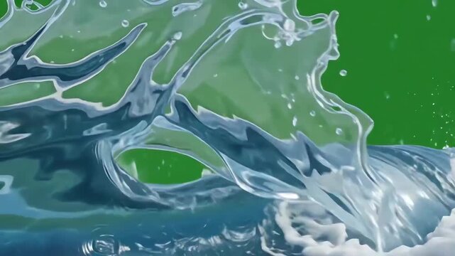 Realistic blue water wave splashing across a bright green screen background for video editing overlay and compositing effects