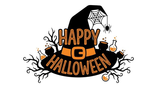 Happy halloween text design featuring a witch hat silhouette with spider webs and spooky bare tree branches