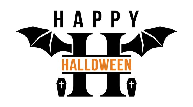 Happy halloween greeting card design with a large letter h decorated with bat wings and small coffins