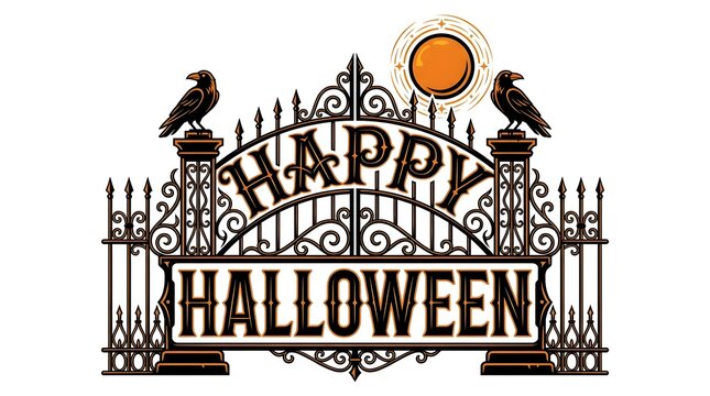 Vintage halloween sign featuring an ornate iron gate with two black ravens and a glowing orange moon