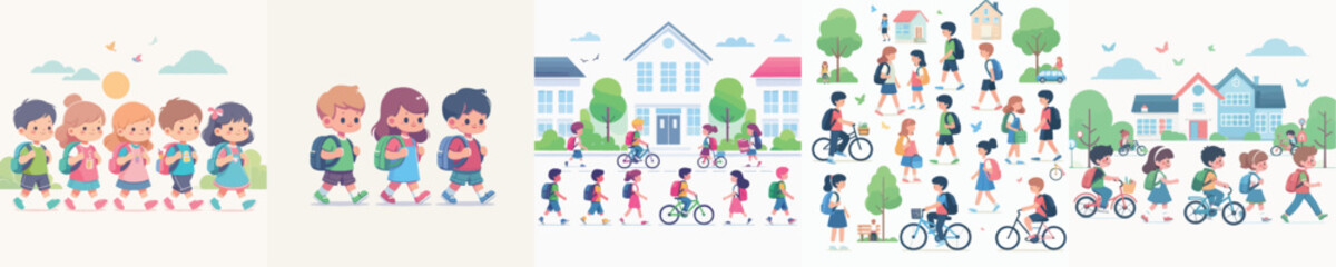 Fototapeta premium Children walking to school in a vibrant suburban neighborhood illustration