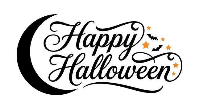 Elegant hand lettering happy halloween design with crescent moon and sparkling stars