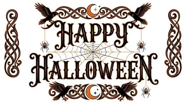Vintage happy halloween lettering with spooky decorative elements and a distressed texture
