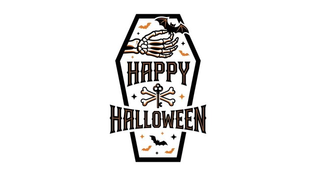 Vintage style happy halloween coffin illustration with spooky elements and hand drawn lettering