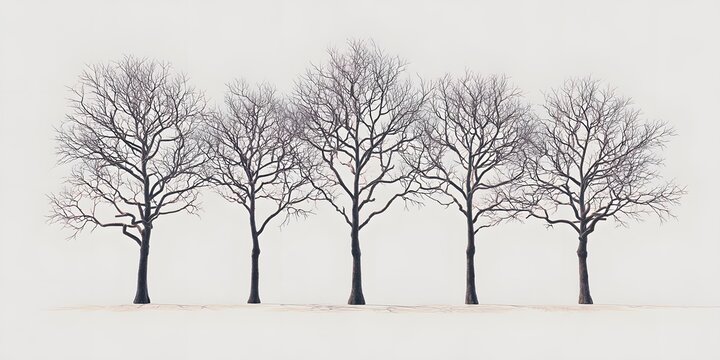 Five leafless deciduous trees stand in a row against a stark white background.