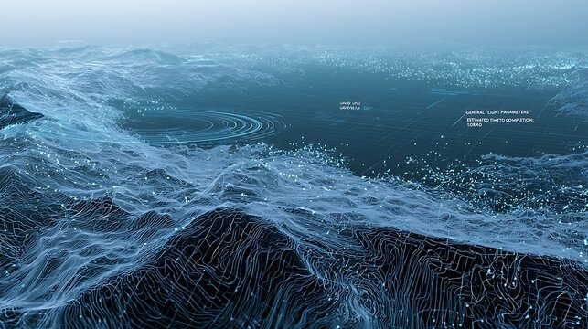 Geospatial UAV telemetry dashboard 3D rendering with glowing blue contour terrain