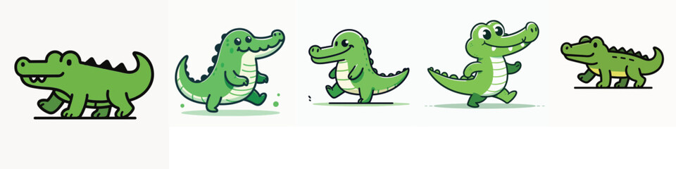 Fototapeta premium Cute Green Cartoon Crocodiles Walking in a Sequence
