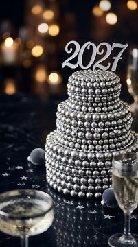 Silver 2027 New Year cake topper. Festive holiday celebration with sparkling decor.