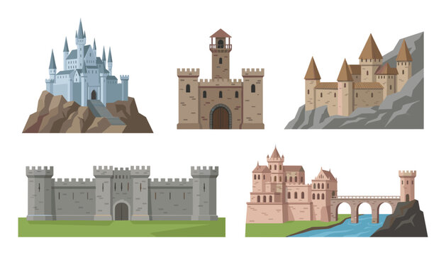 Medieval Castle and Fortress Vector Icon Set Featuring Ancient Stone Citadels Towers Fortifications Walls and Bridges for Fantasy Graphic Designs
