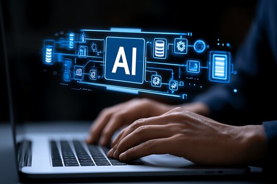 AI engineering. Development and integration of artificial intelligence into business systems. Engineer building AI pipelines on laptop computer.
