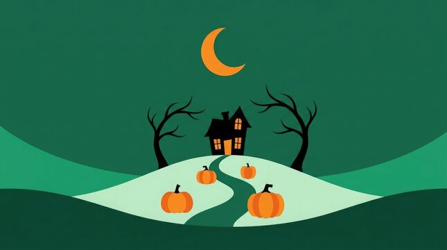 Spooky halloween scene with a haunted house pumpkins and a crescent moon in a dark landscape