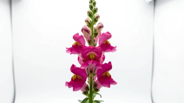 Single symmetrical stem of pink snapdragon flowers swaying gently against a clean white background in a studio setting