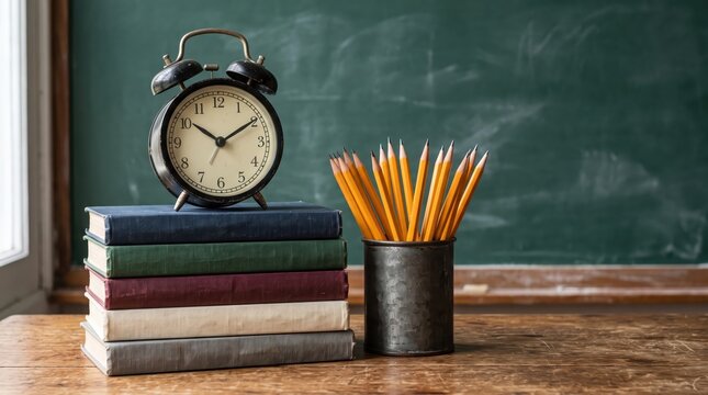Stacked books with vintage alarm clock and tin cup of sharpened pencils on wooden school desk in front of chalk board, morning study and classroom preparation scene