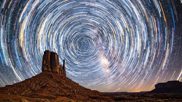 Spectacular hyperlapse star trails spinning above a massive lone desert mesa during the deep blue cosmic night showing Earth's rotation