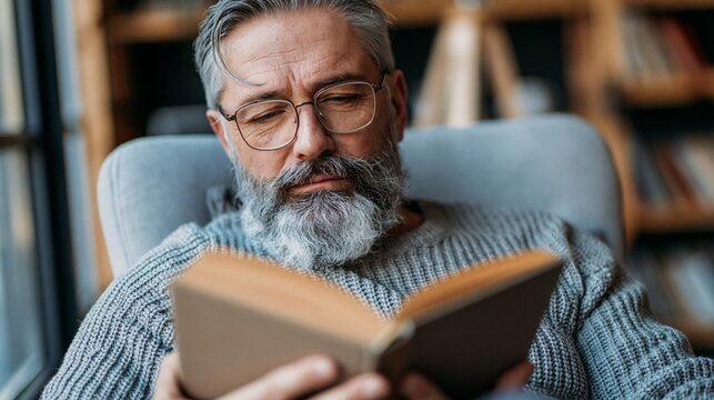 Thoughtful Senior Man with Glasses Engaged in Reading a Hardcover Book, Embodying Wisdom and Contemplation in a Warm, Sunlit Study