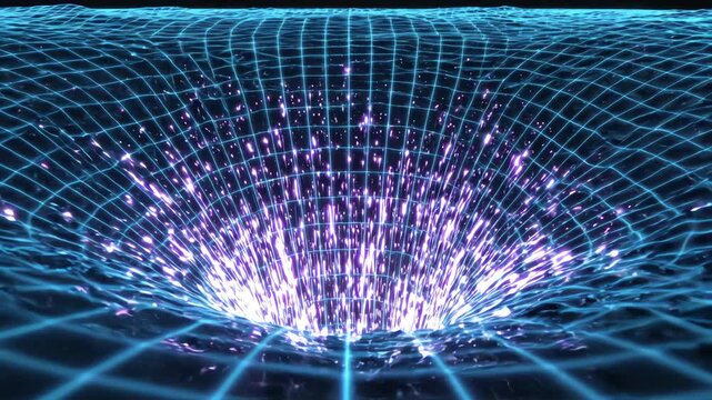 Sweeping aerial simulation of a dark digital grid plane stretching and contracting to visualize spacetime curvature and temporal gravity distortion