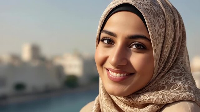 Smiling Muslim Woman in Hijab Portrait Near Waterfront with Blurred City Background