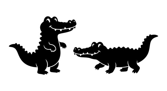 Black silhouettes of two cartoon alligators stand against a white background alligator