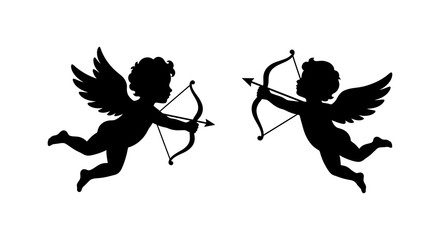 Naklejka premium Two cherub silhouettes with bows and arrows against a white background depict classical mythology