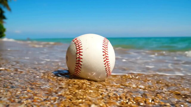 A crisp white baseball resting on the edge of a serene tropical beach where gentle ocean ripples wash over golden sand under a clear summer sky