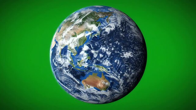 A highly detailed 3D model of planet Earth slowly rotating on its axis against a solid bright green screen background for easy keying and compositing