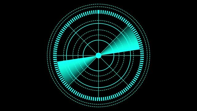 Animated HUD radar screen sonar sweep loop, rotating radar line scanner on dark background with cyan green yellow blue white glowing display, sci tech concept