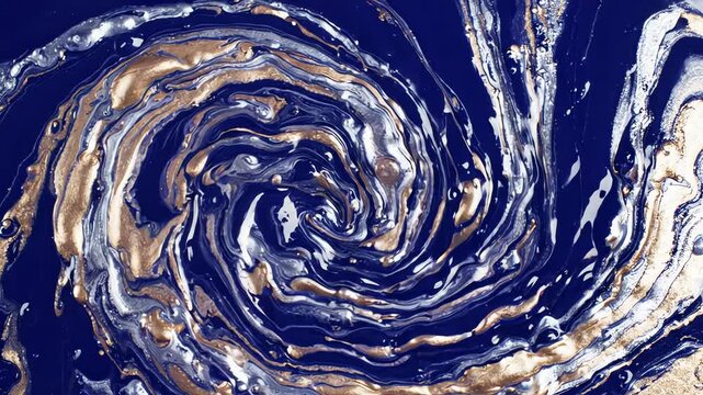 Abstract motion of sleek indigo liquid and molten metallic marble veins swirling together in a fluid hypnotic pattern
