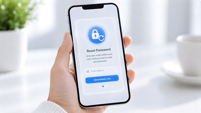 Person holding a smartphone with a password reset interface, for mobile account recovery, authentication, credential protection, cybersecurity, privacy, and access