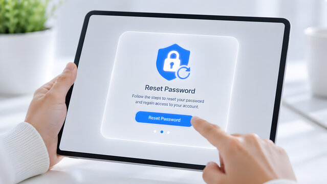 User interacting with a tablet password reset screen and security icon, for account recovery, authentication, credential protection, cybersecurity, and access control