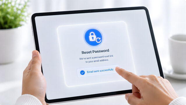 Person interacting with a tablet displaying a password reset interface, for account recovery, authentication, cybersecurity, credential protection, privacy, and access management