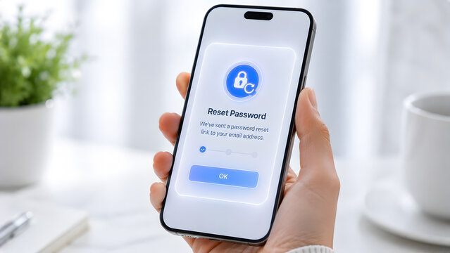 Hands holding a smartphone showing a password reset confirmation interface, for mobile account recovery, authentication, credential protection, cybersecurity, privacy, and access management