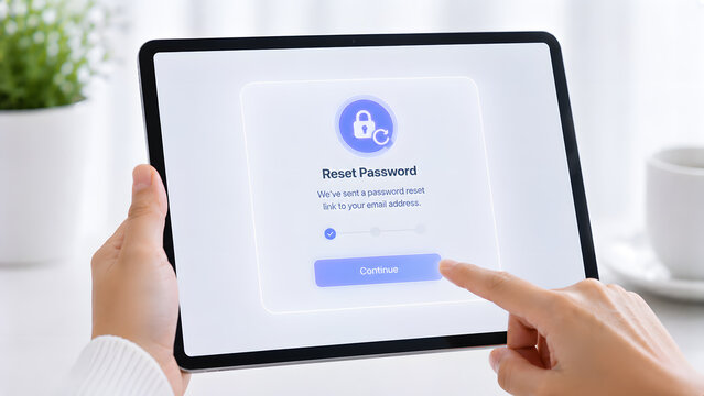 Hands using a tablet to complete a password reset process, for account recovery, authentication, credential protection, cybersecurity, privacy, and technology access