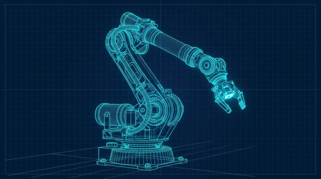 Digital blueprint of industrial robotic arm with grid