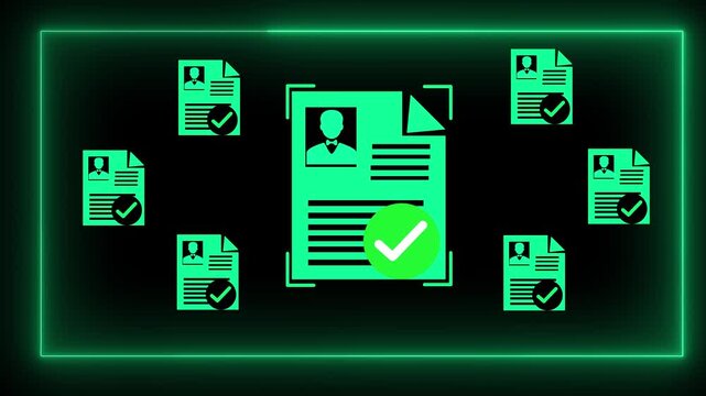 Close-up of person neon glow line with digital approved document icons signifying file verification and recruitment process completion. Motion graphics of personal document verify concept. 3d