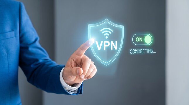 Businessman hand touching a virtual vpn shield icon, secure internet connection and cyber security concept