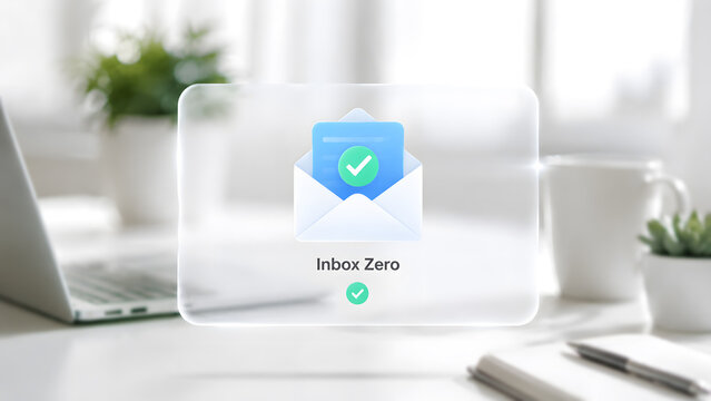 Transparent digital interface showing inbox zero email notification over a modern office desk. Concept of email management, workplace productivity, task completion, and efficient communication.