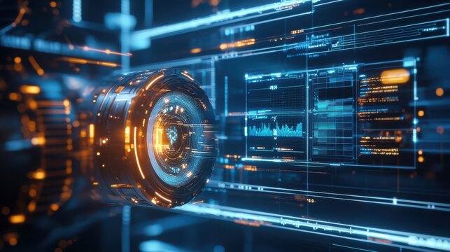 Futuristic camera lens analyzing data with holographic overlay interface display with dark digital background charts graphs against high tech camera