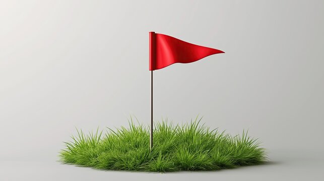 Solid bright red waving flag planted on small patch of lush fresh green grass against plain clean light gray background shows concept of goal target and achievement