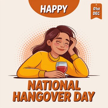 Woman with long hair smiling and holding a glass of red wine on a national hangover day poster des