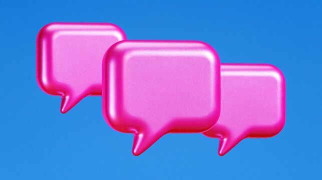 Three 3d glossy pink empty rectangular speech bubbles arranged in overlapping stack against bright solid blue background perfect for adding custom conversation text