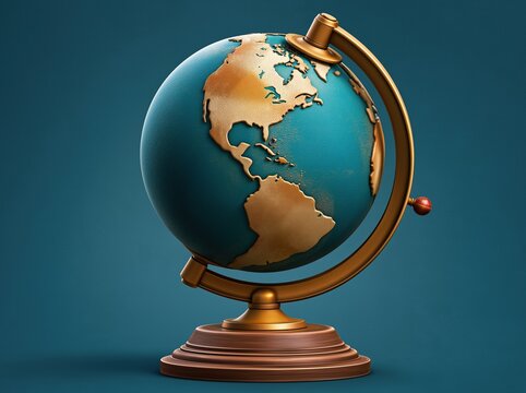 Vintage styled desk globe with teal-colored oceans and golden continents on wooden brass stand placed against solid dark blue background shows travel and geography concept