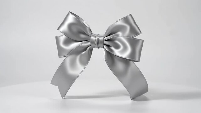 Elegant shiny silver satin ribbon with a decorative bow spinning slowly against a clean white background with soft shadows