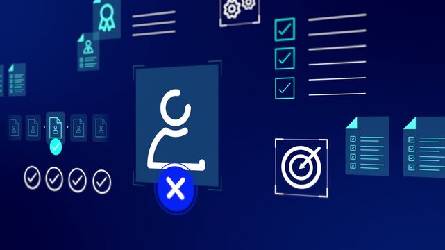 Perspective view of corporate recruitment interface displaying applicant files, approval checks, and goals.